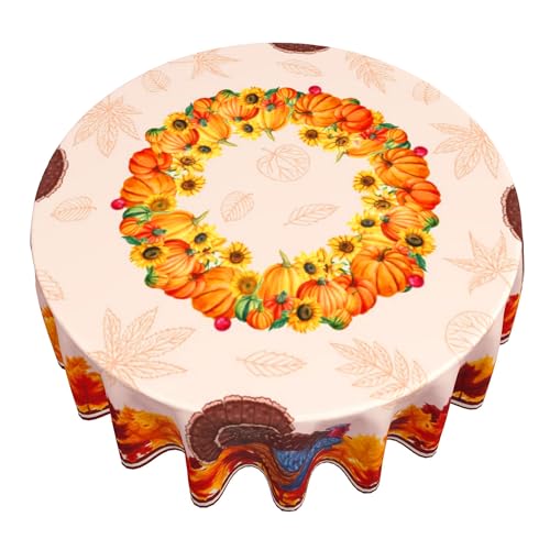 SASTYBALE-Thanksgiving-Round-Tablecloth-60-Inch-Turkey-Pumpkin-Tablecloth-Vintage-Farmhouse-Spillproof-Wrinkle-Resistant-Durable-Table-Cover-for-Fall-Harvest-Holiday SASTYBALE Thanksgiving Round Tablecloth 60 Inch Turkey Pumpkin Tablecloth Vintage Farmhouse Spillproof Wrinkle Resistant Durable Table Cover for Fall Harvest Holiday