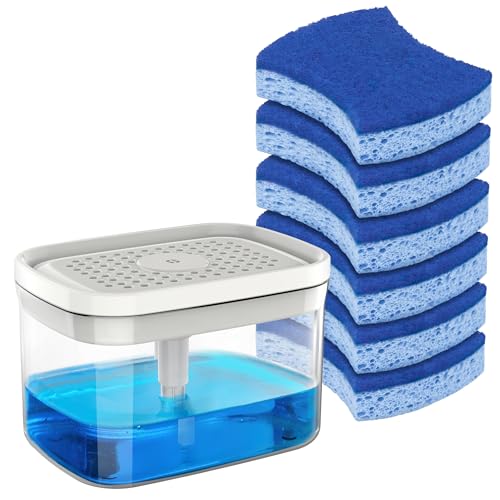 MR.SIGA Dish Soap Dispenser with Sponge Holder and Scrub Sponge Set, Kitchen Soap Dispenser with 30 oz Large Capacity and 6 Pack Non Scratch Dish Sponges