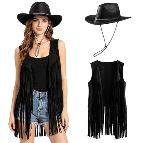 Gilet à Franges et Chapeau de Cowgirl Tenue Boho Chic et Déguisement Western pour Femme