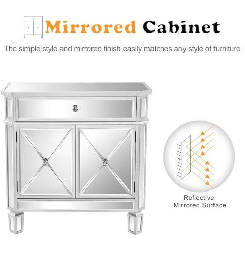 Image of VINGLI Mirrored Cabinet, Mirrored Nightstand, Mirrored Dresser Accent Chest, Large Mirror Nightstand with 1 Drawer and Two Doors, 27.5 inchW x 13.4 inchD x 26.5 inchH, Mirror