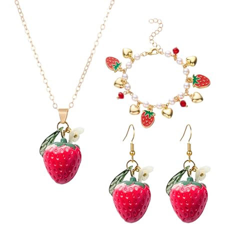 coadipress Strawberry Jewelry Set Red Strawberry Earrings Necklace Bracelet for Women Cute Lifelike Food Fruit Charm Jewelry Birthday Gifts (Red St Flower)