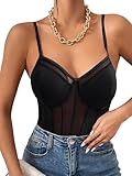 OONAISE Women's Sexy Floral Lace Bodysuit Sheer Mesh Corset Bodysuit Shapewear Skinny Camisole Top Black (Black, X-Small)
