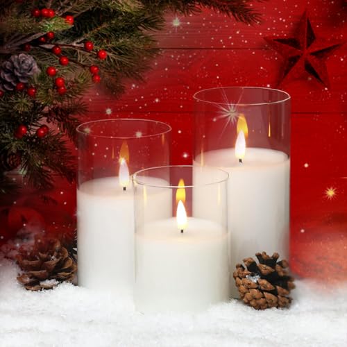Image of CANDLE CHOICE Real Wax Battery Operated Flameless Pillar Candles with Remote Timer Clear Glass Shell Realistic Black Wick Flickering Electric LED Lights Wedding Halloween Christmas Decorations 3 Pack