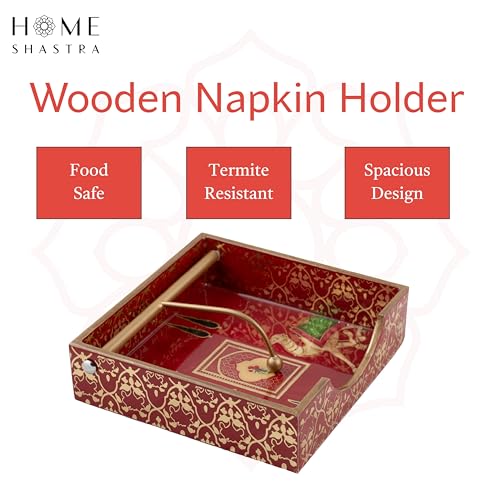 Image of Wooden Napkin Holder with Gold Engraving | Pack of 1 | Size : 7.5 x 7.5 inch | Enamel Coated Waterproof | Tissue Holder for Dining Table | (Red Camel Napkin Holder)