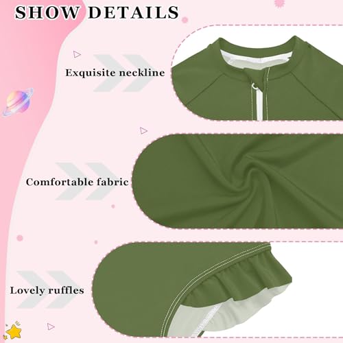 Dark Olive Green Girls Long Sleeve Rashguard Swimsuit UV Protection One-Piece4