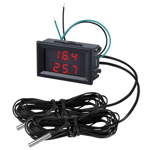 FBBULES Termómetro Digital con 2 Sondas de Metal Impermeable, DC 4 28V LED Medidor de Temperatura de Pantalla Dual  55 ~ + 120 ℃ Temperature Meter, Cable:3m, Rojo&Rojo