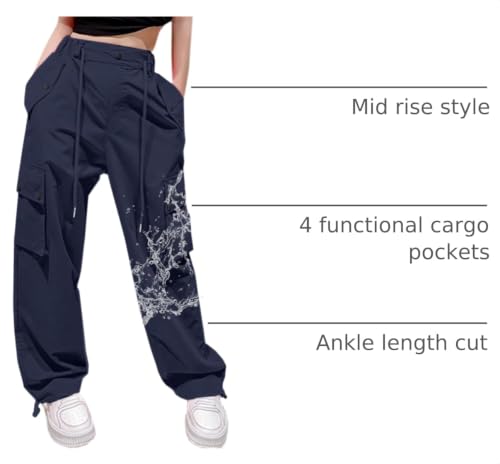 Image of Cromoncent Cargo Pants Girls & Women Parachute Pants Y2K Baggy Rave Clothes Waterproof with Pockets, 6 Years - 3XL