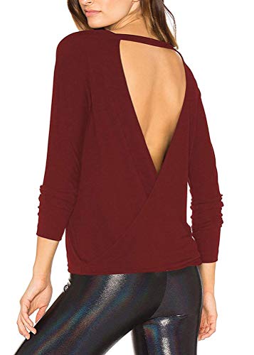 Mippo Open Back Long Sleeve Tops Backless Yoga Tops Workout Shirts for Women Long Sleeve Dance Tops Cut Out Back Tops for Women Sexy Long Sleeve Tops for Women Wine Red S