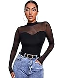 SheIn Women's Sheer Mesh Mock Neck Tees Top Long Sleeve Solid T Shirt Black Small