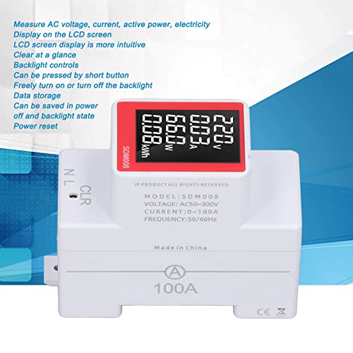 Image of AC Energy Meter, AC 50-300V 0-100A Digital Single Phase Electric Energy Monitor Clearable, Din-Rail Mounted Multimeter - Current, Voltage, Active Power, kWh