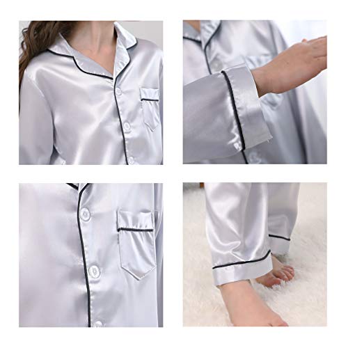 Image of Pajamas Kid Unisex Pjs Set Girls Boys Silk Pajamas Set Satin Long Sleeve 2 Piece Clasic Sleepwear for 2-12 Years Todder