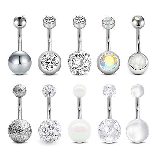 Funseedrr 10pcs Anillos de Ombligo de Plata Barras de Ombligo Set de Acero Inoxidable de 8/10 mm con Piercing de Bolas de ópalo de Cristal Cover