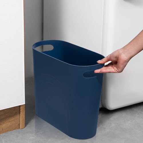 Image of rejomiik Small Trash Can, 3.5 Gallon Slim Garbage Can Plastic Waste Basket with Handles Container Bin for Narrow Spaces Bathroom, Bedroom, Kitchen, Office at Home, 2 Pack Navy