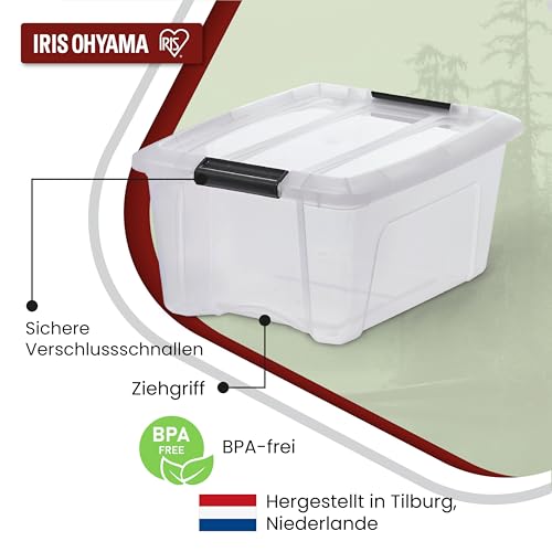 Iris Ohyama, Aufbewahrungsboxen mit Deckel, Kunststoffboxen, Plastikbox, Box mit Deckel, 15L, 4er-Set, Transparent, Verschlussclips, Stapelbar, Organisation, BPA-frei, Plastikboxen, Kisten, NTB-15