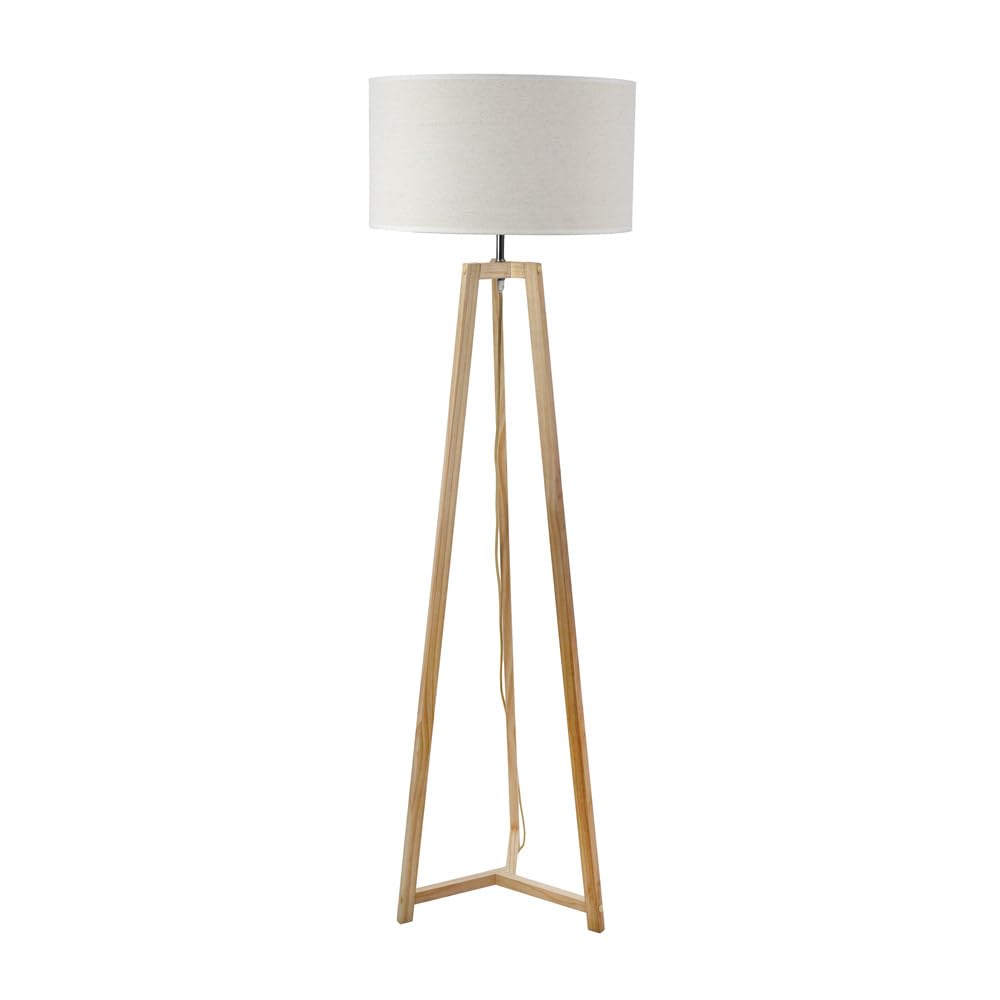 ValueLights Lottie Natural Wood Tripod Floor Lamp with Linen White Trim Drum Lamp Shade