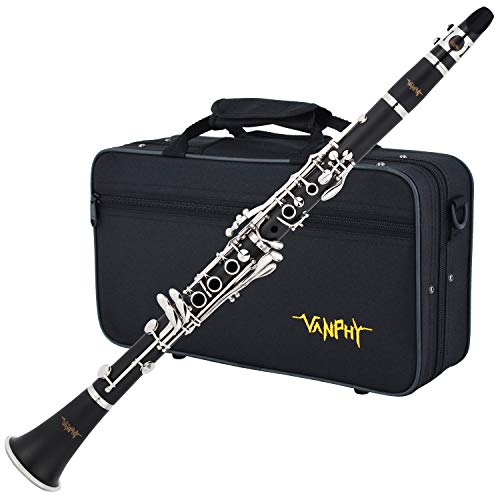 VANPHY B-Flat Clarinet Black Ebonite Clarinet For Student Beginner, With Nickel-plated Keys,Belt, Joint Grease, White Gloves, Soft Polishing Cloth, 8 Mouthpiece Cushion, Hard Case