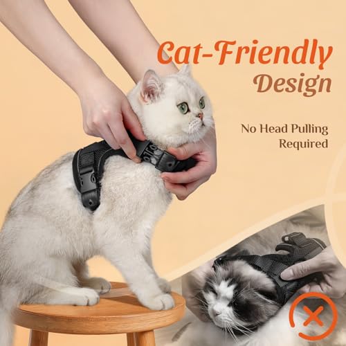 Dooradar Cat Harness and Leash Set with Neck Release Buckle, Black | Escape Proof, 3 Easy-on Buckles, Smooth & Lockable Adjustment, Soft Air Mesh, Reflective, for Small to Average Cat Walks, S - Image 5