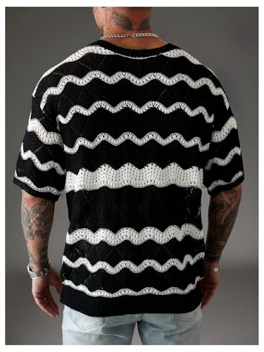 Verdusa Men's Striped Hollow Out Pullover Sweaters Sheer Half Sleeve Round Neck Knit Tops3