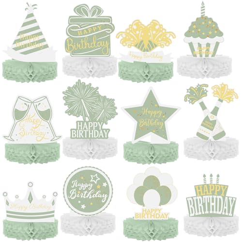 Sabary 12 Pcs Sage Green Gold Happy Birthday Decoration Gold Honeycomb Centerpieces Party Supplies Balloon Crown Paper Centerpiece Table Decorations Royal for Men Women Party