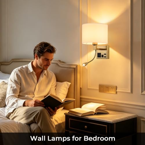 Image of Plug in Wall Sconce, Wall Lights for Bedroom with Bulb Included | Wall Mount Reading Light 360Adjustable, Adjustable Color Temperature, Bedside Lamp with AC Outlet & USBA+C Charging Port