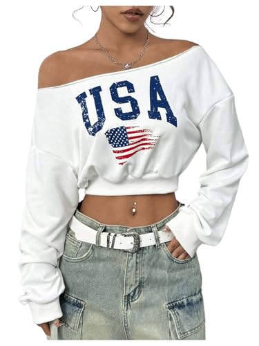 SweatyRocks Women's Off the Shoulder Crop Top long Sleeve American Flag Lightweight Sweatshirt White Small