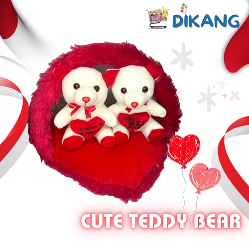Image of DIKANG Couple Teddy Bear Bouquet with Heart for Valentine's Day Gift | Valentine Gift for Boyfriend /Girlfriend /Husband /Wife - 35cm (Off- White & Red)