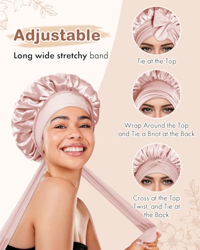 Image of BONNET QUEEN Silk Bonnet for Sleeping Women Satin Bonnet Night Sleep Cap Wrap for Curly Hair with Tie Band, Small, Cream Pink