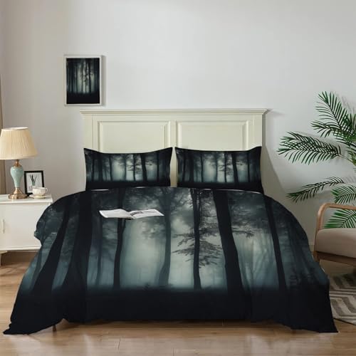 Juego de Cama Doble con Estampado de Bosque Misterioso (200 x 200 cm), Funda nórdica Reversible con Estampado de Bosque brumoso y Fundas de Almohada, Fundas de Cama Transpirables para Cama Doble
