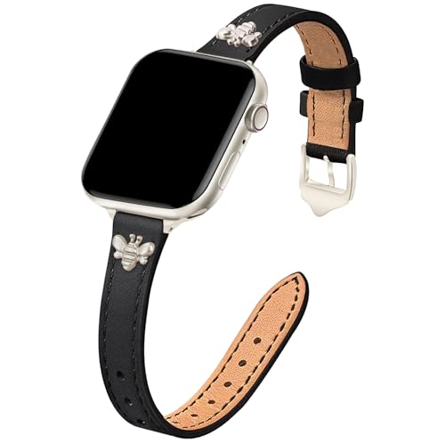 Image of JR.DM Slim Leather Bands Compatible with Apple Watch Band 38mm 40mm 41mm 42mm 44mm 45mm 46mm 49mm, Genuine Leather Band with Charms, Feminine Design for Iwatch Ultra SE Series 11 10 9 8 7 6 5 4 3 2 1