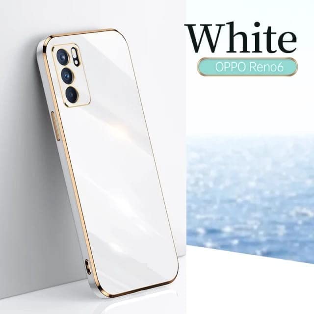 Image of Apurb Store for Oppo Reno 6 (5G) Plating Square Gold Frame Phone Case Luxury Soft Silicone Back Cover (for Oppo Reno 6 (5G), White)