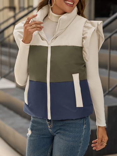 Tankaneo Womens Puffer Vest Ruffle Sleeveless Zip Up Quilted Jacket Color Block Winter Warm Padded Gilet Coats3