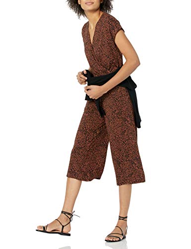 Amazon Essentials Women's Short-Sleeve Surplice Cropped Wide-Leg Jumpsuit, Dark Camel/Black, Ikat, Medium #TOP3