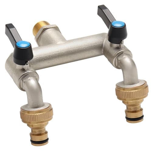 2-Wege Wasserhahn Garten 3/4 Zoll, Garten Doppel Wasserhahn mit 2 Stück 3/4 Zoll auf 1/2 Zoll Hahnanschluss für Haus, Hof/Waschmaschine