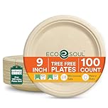 ECO SOUL Paper Plates (23Cm) 9" [100-Pack] Compostable Heavy Duty Biodegradable Sugarcane Bagasse Round Plates | Eco Friendly Disposable Plates for Dinner, Parties & Events