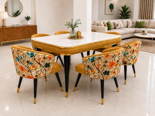 Image of WOODEN SPACE 6-Seater Wooden Dining Table Set | Nano Composite Marble Top | Solid Wood Base | Modern Dining Room Furniture with 6 Chairs (Yellow Printed)