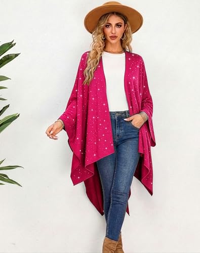 Image of Womens Rhinestones Open Front Poncho Shawl Wrap Cape Ruana Travel Blanket Cardigan