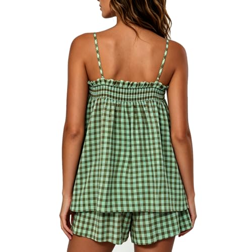 Image of SOOKABEILA Women 2 Piece Lounge Set Sleeveless Striped Cami Peplum Top Boxer Shorts Loose Ruffle Matching Pj Sets Outfits