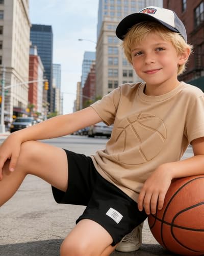 Image of Boys 2 Piece Outfits Short Sleeve Basketball Pattern T-Shirt and Shorts Summer Clothes for Kids 5-12 Years