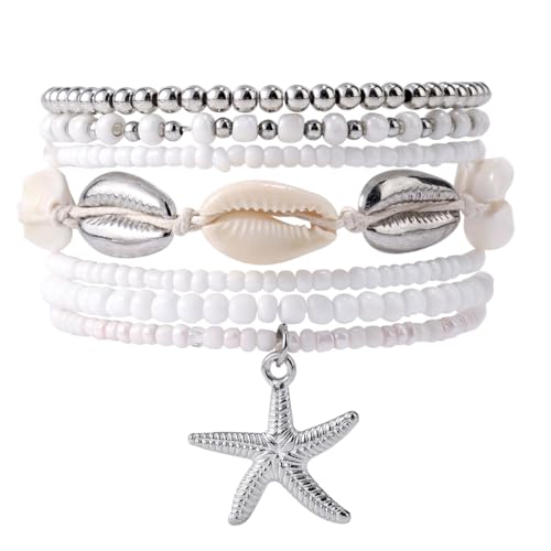 Mikovivi Juego de 7 Pulseras Playa Verano con Cuentas Estrella de Mar y Conchas Marinas, Joyería Bohemia la Amistad con el Mar para Mujer Accesorios para Fiestas en la Playa y Vacaciones