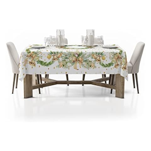 HomeLife Christmas Table Cloth Rectangular - 140X250cm Washable Cotton Xmas Table Cloth - Golden Bells Print for Christmas Dinner Table Decorations & Winter Parties Cover