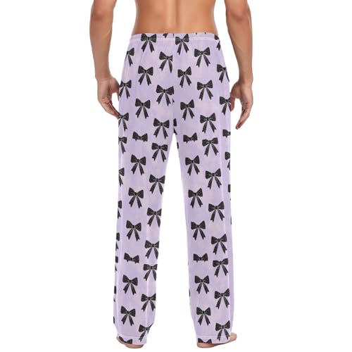 Men's Black Bows Pajama Pants with Pockets - Straight Fit Cotton Sleep Bottoms for Lounge & Nightwear#2813