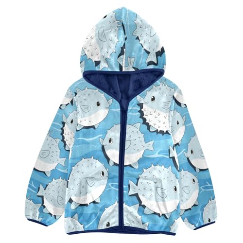 Blue Fish Pattern Pufferfish Toddler Fleece Jacket Girl Boys Hooded Fleece Jacket Coat Warm Outwear Zip-up 3-10T