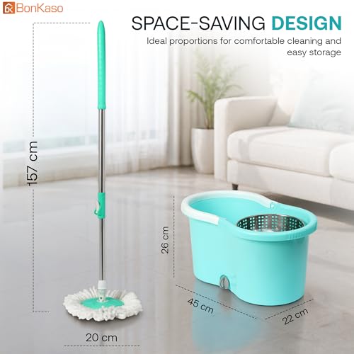 Image of BonKaso 360 Spin Round Mop Bucket Set with Removal Steel Wringer, Extendable Stainless Steel Handle & Microfiber Floor Cleaner for Tiles, Marble, Wooden & Hard Floors