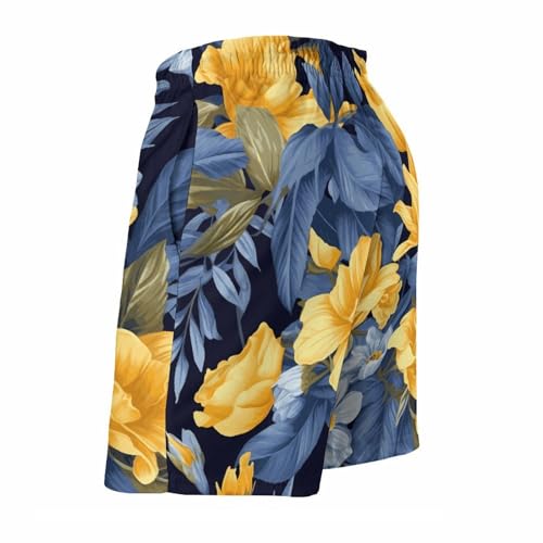 Men's Blue Base Yellow Floral Swim Trunks, Quick-Dry Beach Shorts, Bathing Suit with Mesh Lining and Pocket4