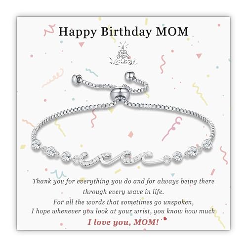 Sereney Infinity Bracelets as Mother Daughter Gifts/Mom Gifts from Son, Wave Bracelet as Mom/Daughter Birthday Gifts, 14K White Gold Plated Silver Adjustable Bracelet for Women Hypoallergenic