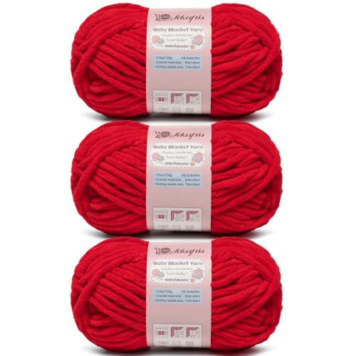 Image of 10.58 oz /147.6 yds Chunky Chenille Yarn for Crocheting, #7 Super Bulky Baby Blanket Yarn for Crocheting Soft, Fluffy Velvet Yarn for Knitting, Amigurumi Crochet Yarn for Crafts (3 Red)