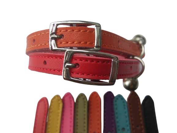 Cat Collar 2 pack set Real Leather Elasicated Safety Elastic bell, Pair Choose colours (Orange and Red)