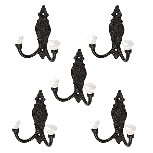 5x Negro 100mm x 115 mm Double Blanco Cerámica Gancho de cerámica - Hierro de fundición Vintage Antiguo Percha montada en la pared - por Hammer & Tongs Cover