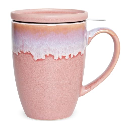 Bosmarlin Ceramic Tea Cup with Infuser and Lid, 13.5 Oz, 4 Colors to Choose, Microwave and Dishwasher Safe, Steeping Tea Mug with Strainer, Reactive Glaze (13.5 Oz, Pink)