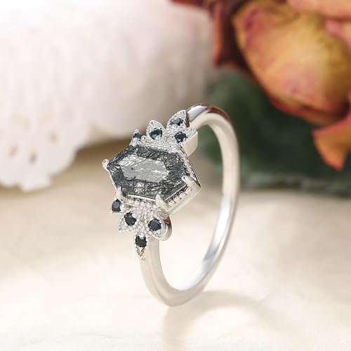 Natural Gemstone Wedding Ring for Women 925 Sterling Silver Platinum Plated Black Rutilated Quartz Vintage Promise Engagement Ring for Her Size 4-94